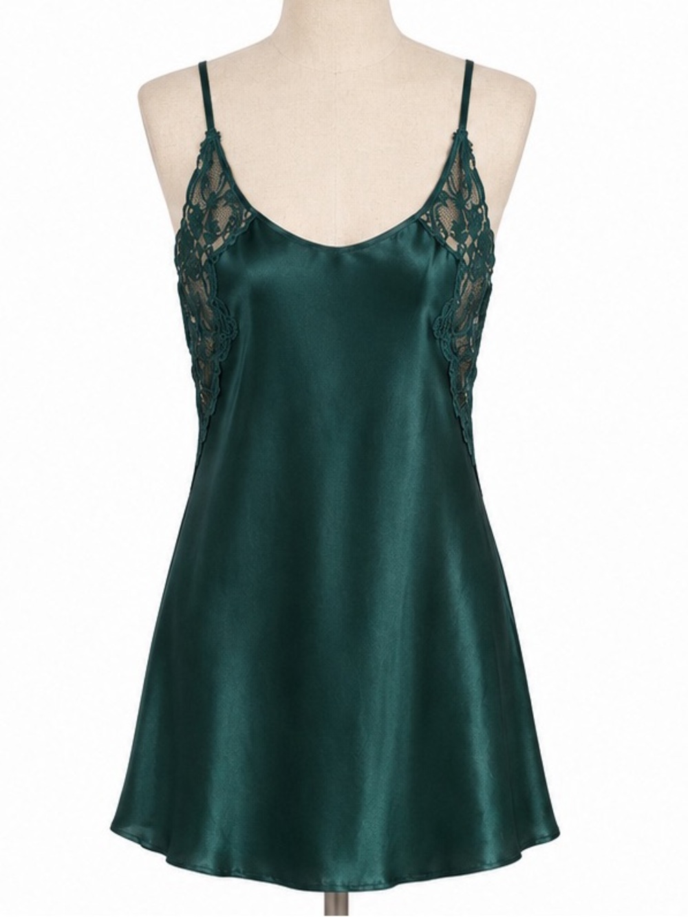 Vintage Victorias Secret Green Mini Slip Dress Tunic Top Satin Lace Chemise Sz L